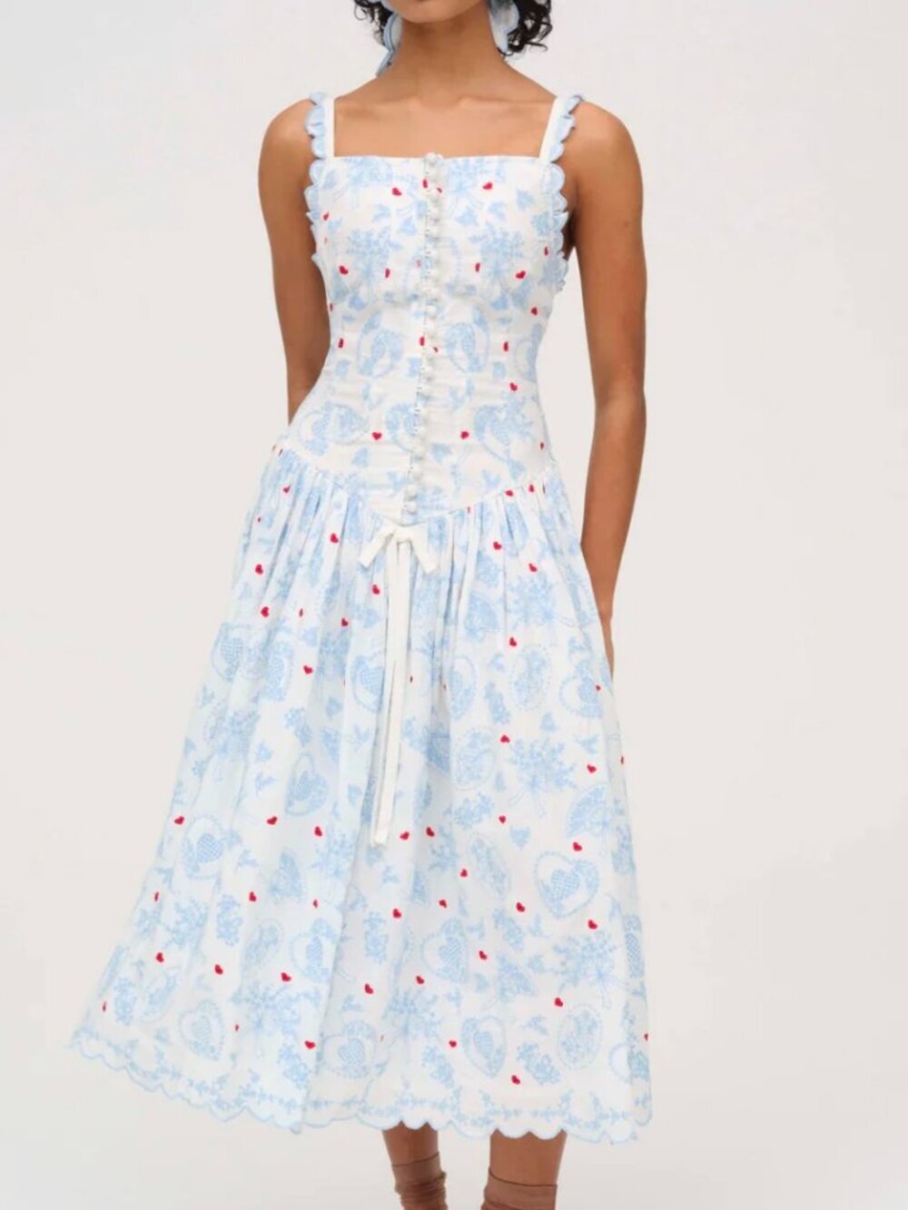 For Love & Lemons Livia White Blue Floral Embroidered Linen Blend Midi Dress L - Picture 1 of 8